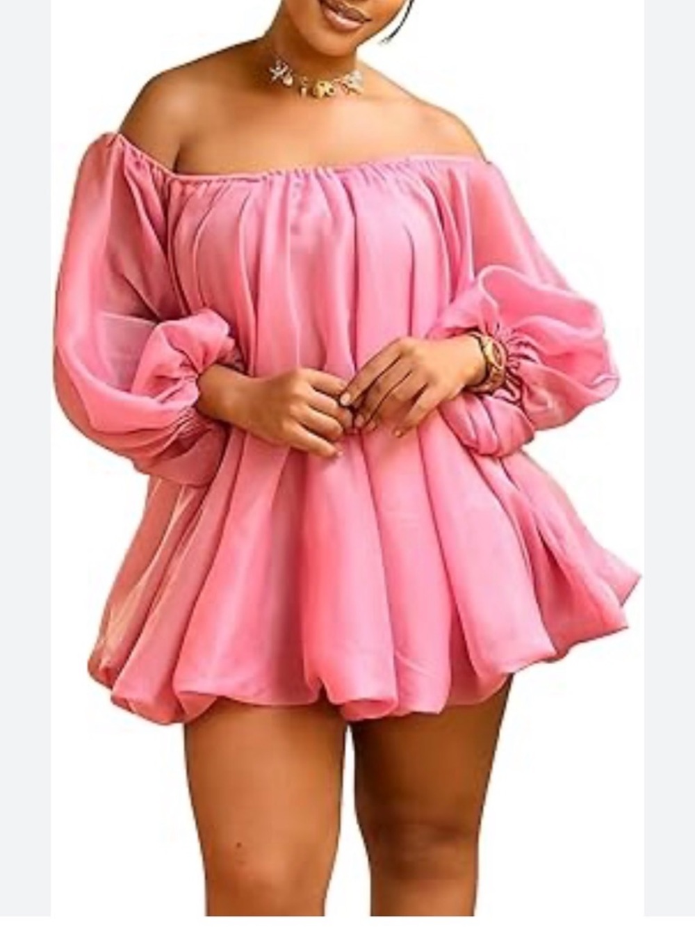 Off-Shoulder Pink Flowy Bubble Mini Dress XXL